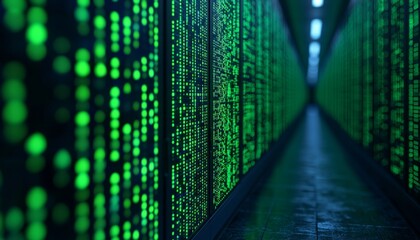 Abstract view of a digital server room with green lights illuminating the narrow corridor.