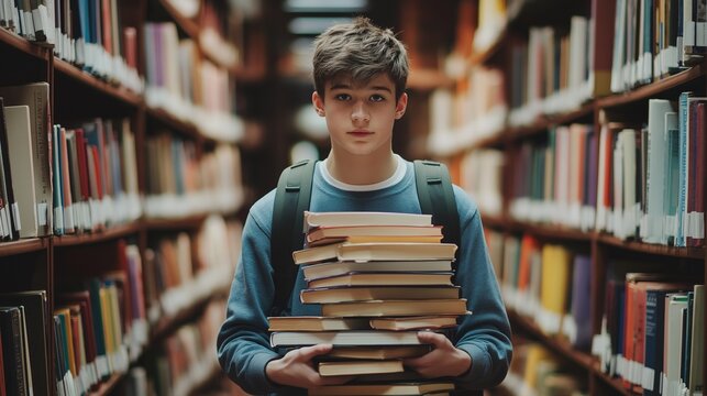 Teenage boy with backpack and stack of books in library between stacks of books literature