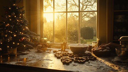 Christmas Baking in a Cozy Kitchen with Golden Sunlight