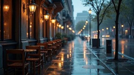 A dimly lit street lined with café tables and glowing lampposts, reflecting softly on the wet pavement under a dusky evening sky.