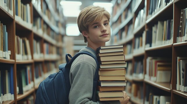 Teenage boy with backpack and stack of books in library between stacks of books literature