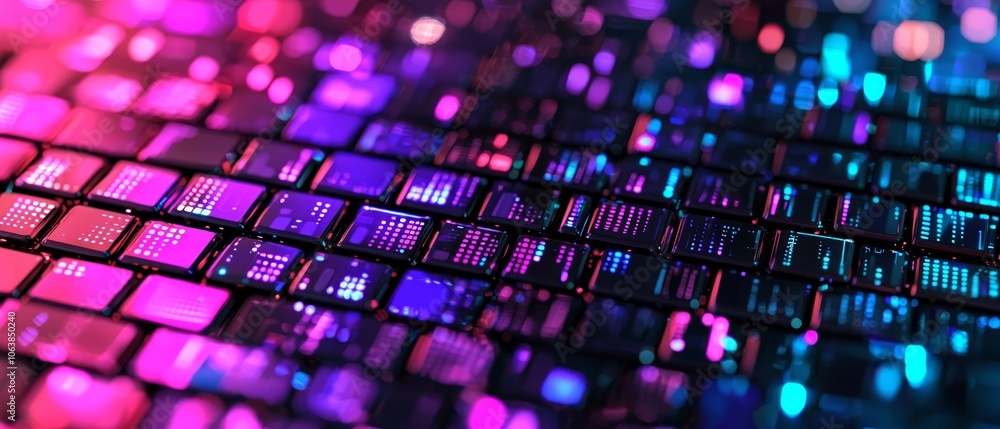 Poster close-up of a colorful microchip with intricate patterns and glowing lights, showcasing modern techn