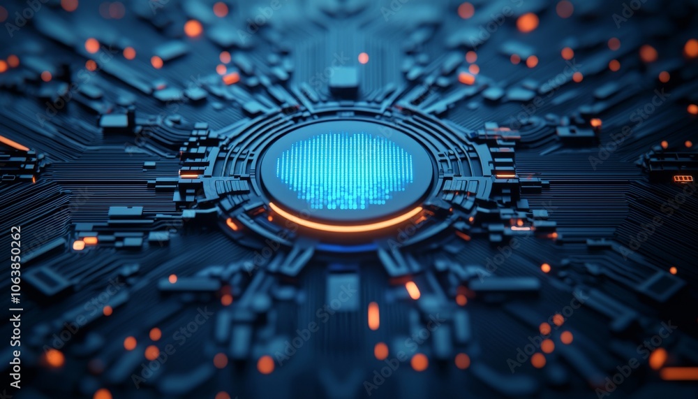 Poster close-up of a futuristic circuit board with a glowing blue central element and intricate details in 
