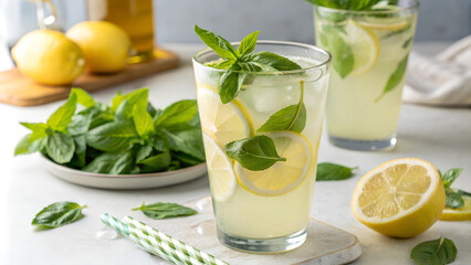 Fototapeta premium Refreshing basil lemonade served with fresh basil leaves and lemon slices in a bright kitchen setting. Generative AI