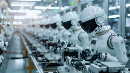 Fototapeta premium A row of humanoid robots meticulously assembles technology, embodying precision, future possibilities, and the march of innovation in manufacturing.