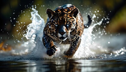 A beautiful panther chases its prey through the water.