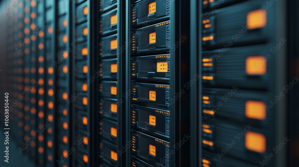Poster close-up of a high-tech server rack, showcasing multiple digital storage units with illuminated indi