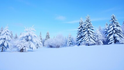 Fototapeta premium A serene winter landscape with snow-covered pine trees and a clear blue sky, nature, peaceful