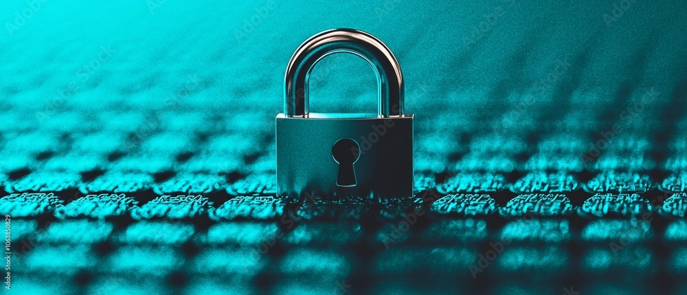 Poster close-up of a metallic padlock on a textured surface, symbolizing security and protection.