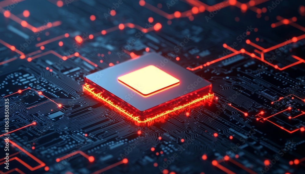 Poster close-up of a microprocessor with glowing circuits on a dark background, highlighting modern digital