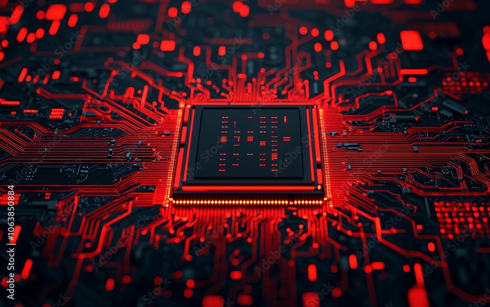 Poster close-up of a red-lit computer chip on a circuit board with intricate designs, showcasing technology