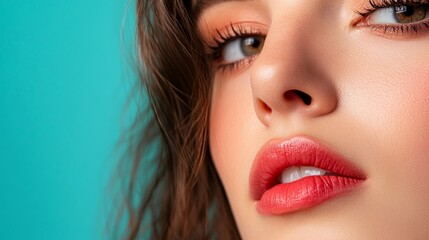 Fototapeta premium Portrait Photography Enhanced by AI: A Close-Up Look at Beauty showcasing a woman's eye, nose, lips, and skin. The image highlights natural beauty, makeup artistry, and the transformative power of AI.