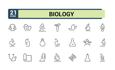 Biology icons in linear style. Includes thin line genomics, genome, microscope, line, research, technology and more. Perfect for logos and infographics. Editable stroke. Vector illustration.