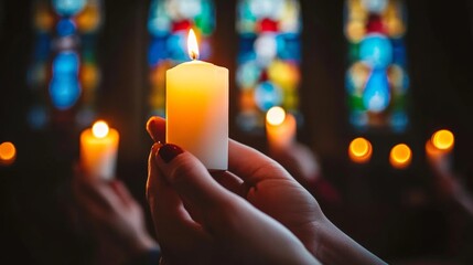 Hands Holding Lit Candle In Church With Stained Glass Windows