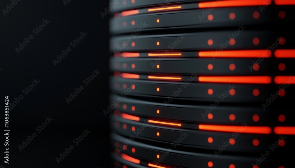 Poster close-up of illuminated circular tech design, featuring red and black patterns against a dark backgr