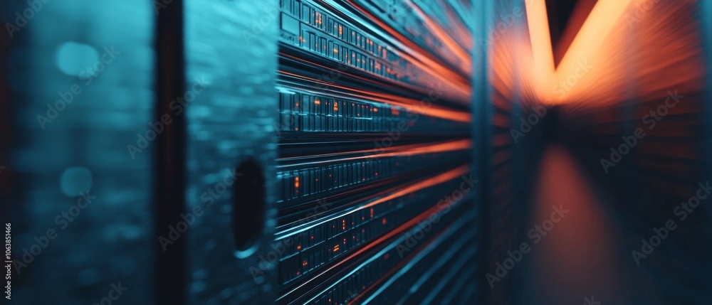Poster close-up of server hardware with colorful led lights and intricate details, showcasing modern techno