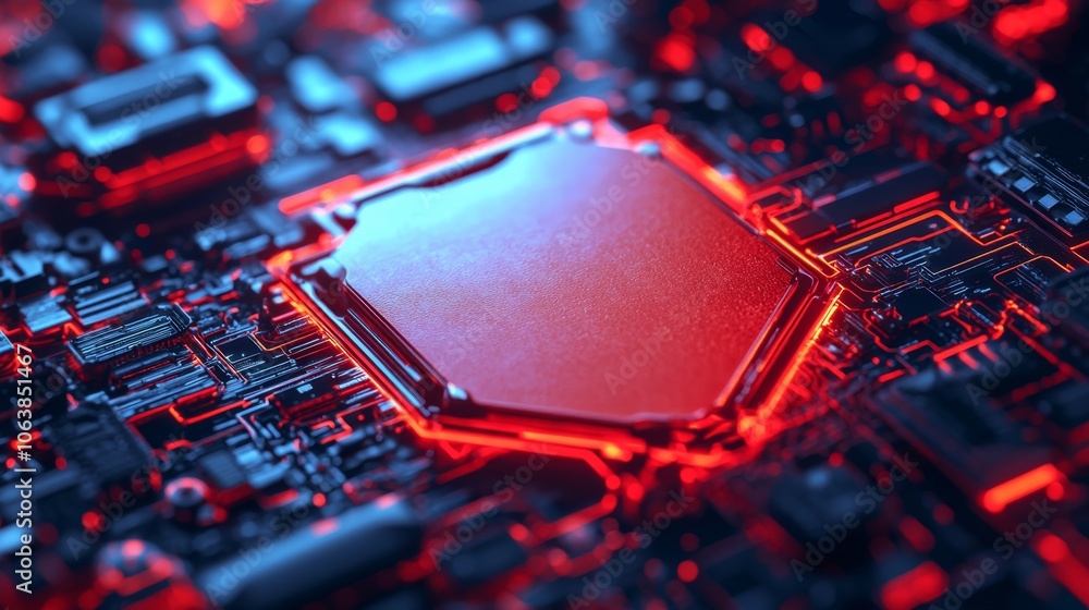 Poster close-up view of a futuristic microchip with vibrant red and blue circuitry, showcasing advanced tec
