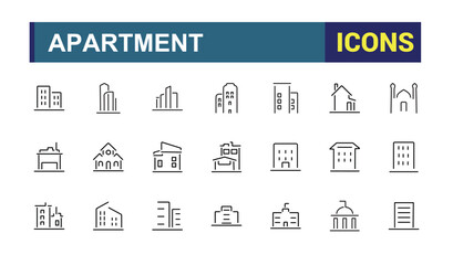 Building line icon collections. Containing house, architecture, supermarket, skyscraper, residential and more. Simple web icons. Editable stroke. Vector illustration.