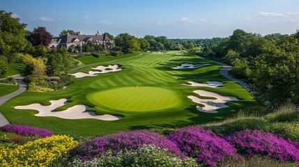 Obraz premium Golf Course Green with Sand Bunkers Clubhouse and Blooming Flowers