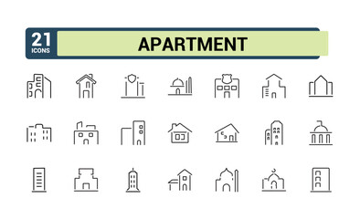 Building line icon collections. Containing house, architecture, supermarket, skyscraper, residential and more. Simple web icons. Editable stroke. Vector illustration.