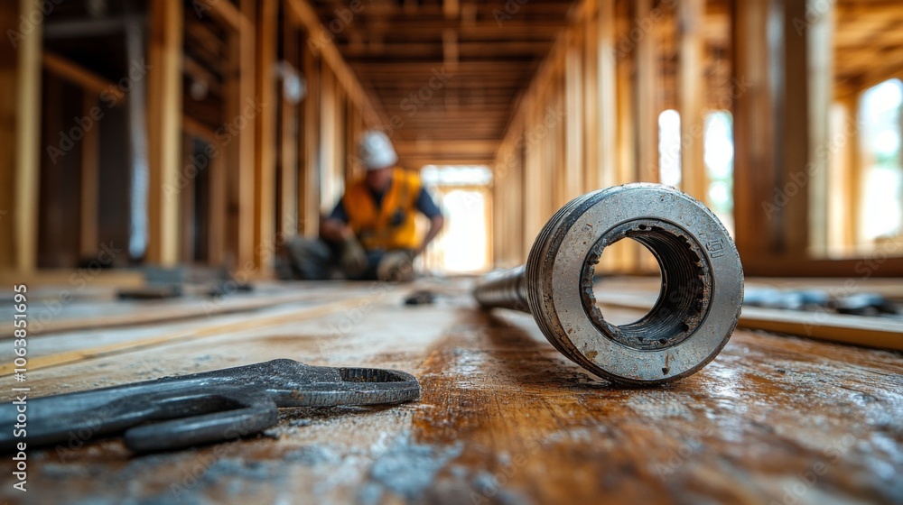 Poster A construction worker focuses on assembling wooden frames in a partially completed building while various tools are scattered around the wooden floor, showcasing a busy work environment.