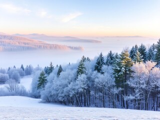 A serene snowy landscape with a frozen lake surrounded by snow-covered trees and a clear blue sky, snowy, white