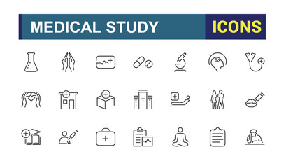 Set of Clinical Study line icons. Containing laboratory, lab, biotech, biochemistry, treatment, medicine, clinical and more. Outline symbol collection. Vector illustration in modern line style.