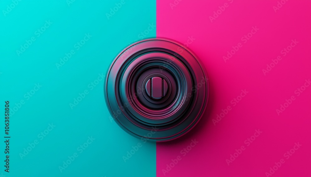 Poster colorful circular design with a button in the center against a split background of teal and pink.