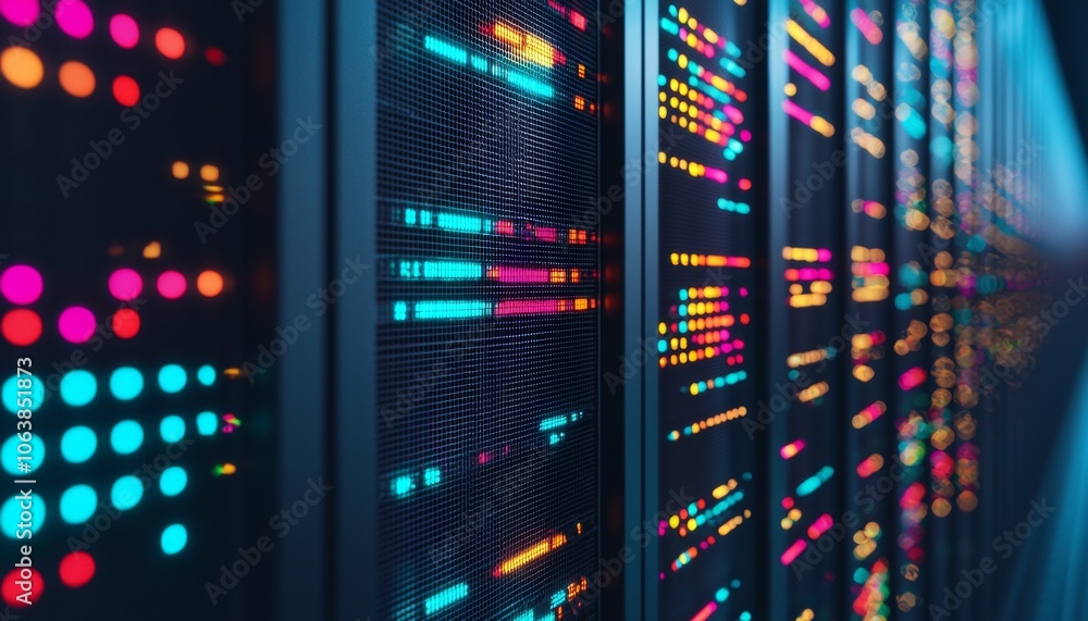 Poster colorful data visualization on a server display, showing vibrant patterns and connectivity.