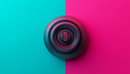Colorful circular design with a button in the center against a split background of teal and pink.