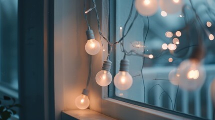 String lights glow warmly against a frosty window, casting an ambiance of cozy comfort and serene winter magic.
