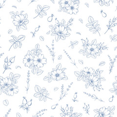 Floral seamless pattern with rose plants, lavender