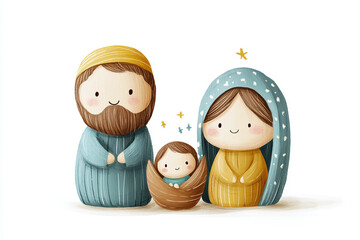 Illustration of a simple nativity scene with baby Jesus, Mary, and Joseph. Isolated on a white background.