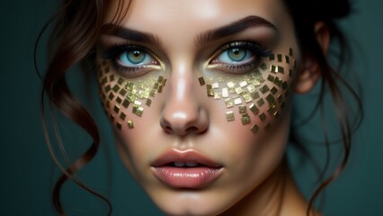 Naklejka premium Close-up portrait of a woman with intricate gold mosaic face art, creating a luxurious and modern fashion aesthetic