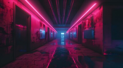 Neon Lit Futuristic Hallway with Glowing Architectural Lines and Symmetrical Design