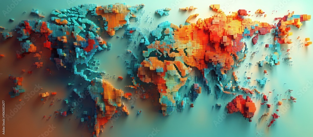 Poster a colorful, abstract representation of a world map made of pixelated blocks.
