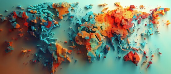 A colorful, abstract representation of a world map made of pixelated blocks.