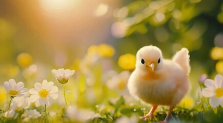 Little yellow newborn chick in spring garden with green grass background, easter time