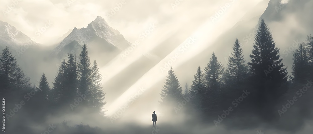 Poster misty forest with rays of light and mountains