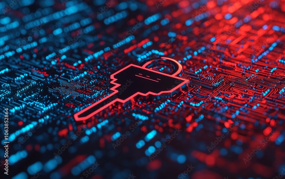 Poster digital key symbol on a vibrant tech background, representing cybersecurity and digital security.