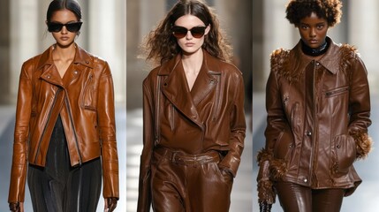 Three fashion models wearing brown leather jackets on a runway.
