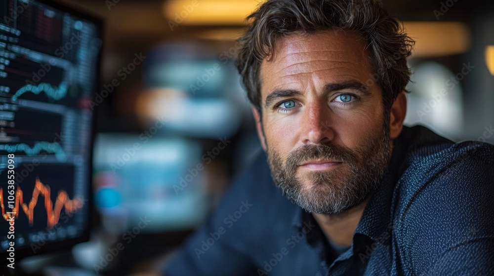 Aufkleber A professional man with a beard is intently analyzing financial data on multiple screens in a contemporary office, surrounded by a vibrant work environment.