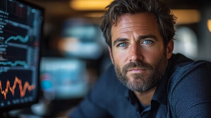 Obraz premium A professional man with a beard is intently analyzing financial data on multiple screens in a contemporary office, surrounded by a vibrant work environment.