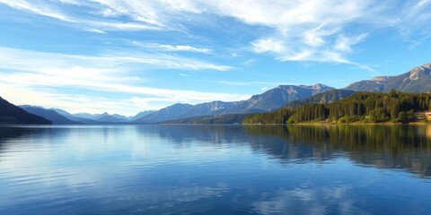 A serene landscape showing a calm lake reflecting the surrounding trees and mountains, nature, blue