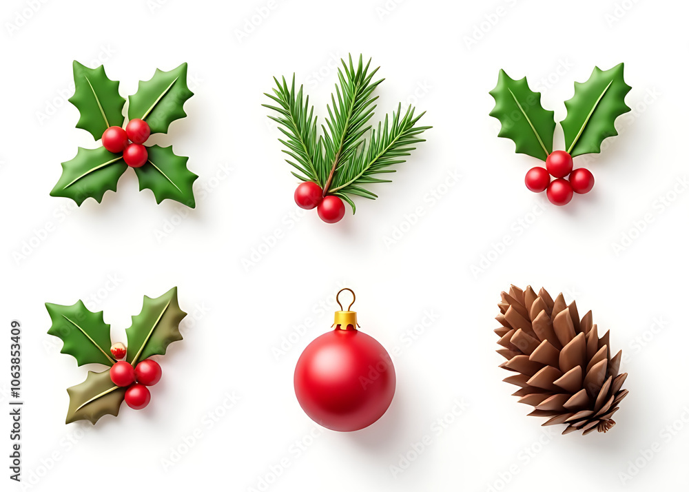 Poster a set of christmas decorations includes holly spruce red berries a christmas bauble and a conifer co
