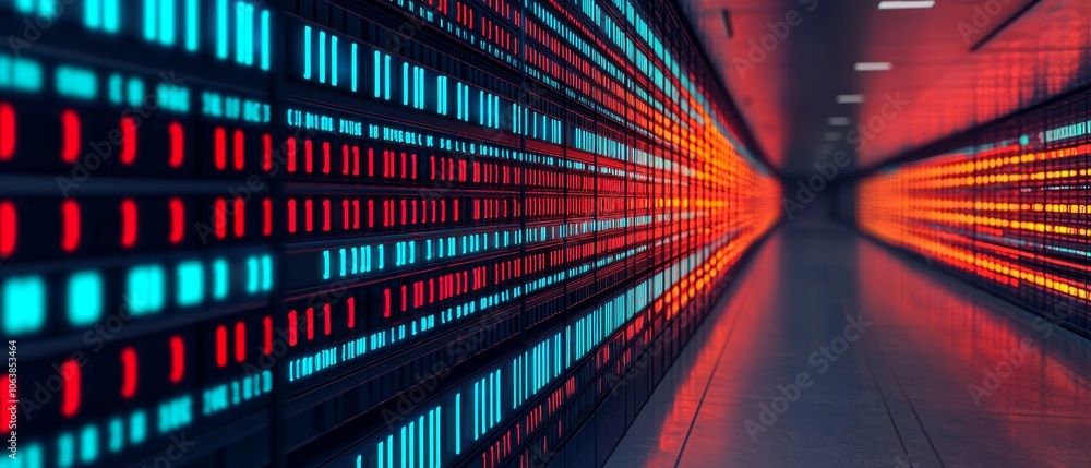 Poster futuristic corridor illuminated by vibrant blue and red lights, creating a dynamic visual effect.