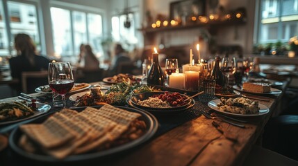 Fototapeta premium Festive Dinner Table Setting with Candlelight and Delicious Food