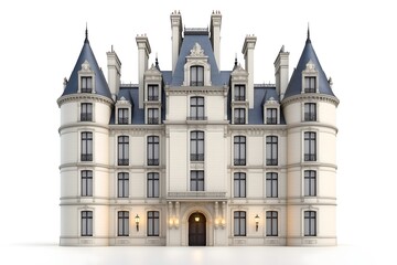 Fototapeta premium A large french chateau, candle snuffer slate turret towers, stone walls isolated on a white background.