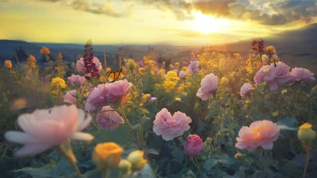 Sunset with flowers flies