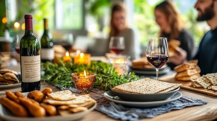 Passover Seder Table with Matzah  Wine  and Candles